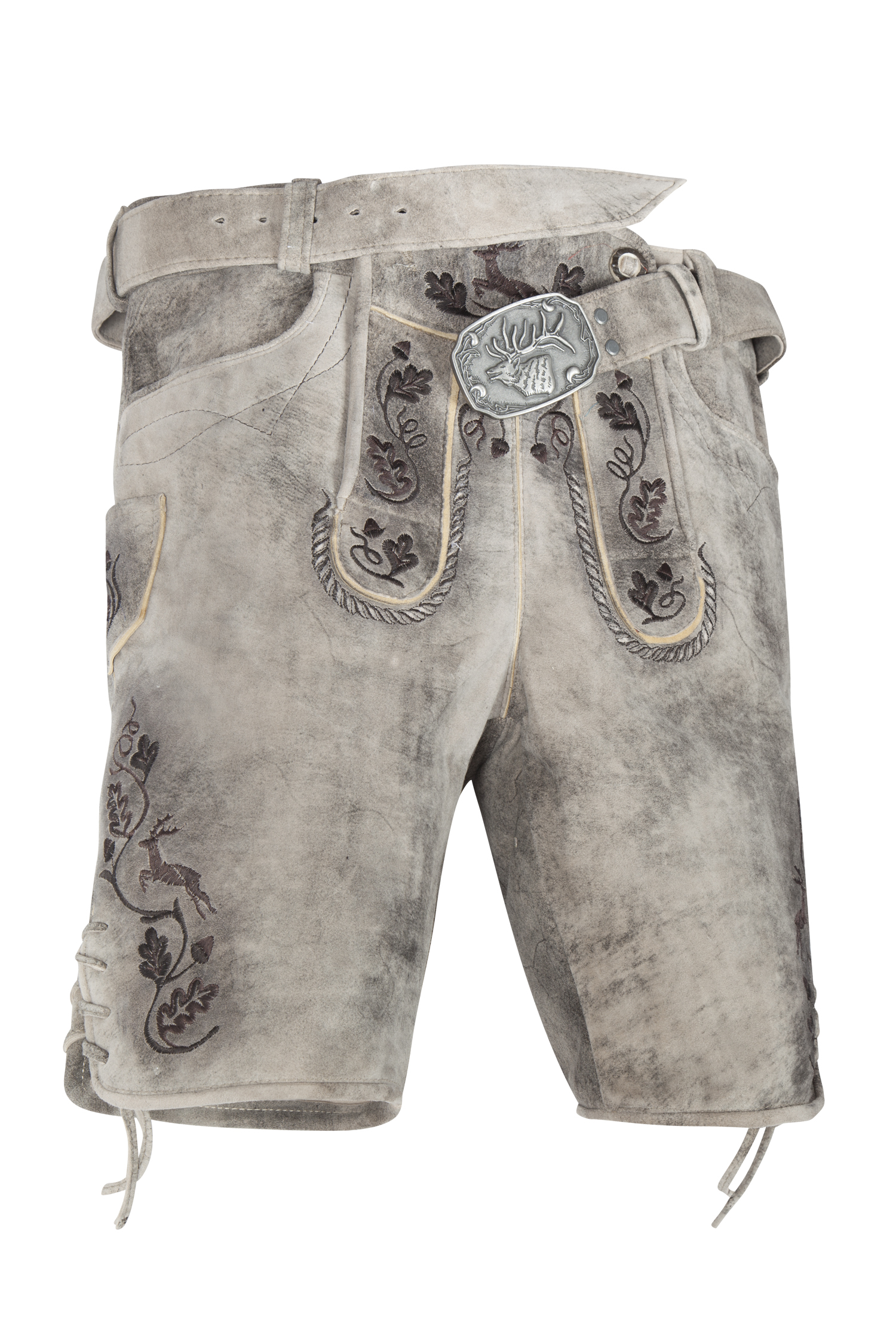 Kurze Lederhose Billfried in grau mit brauner Stickerei